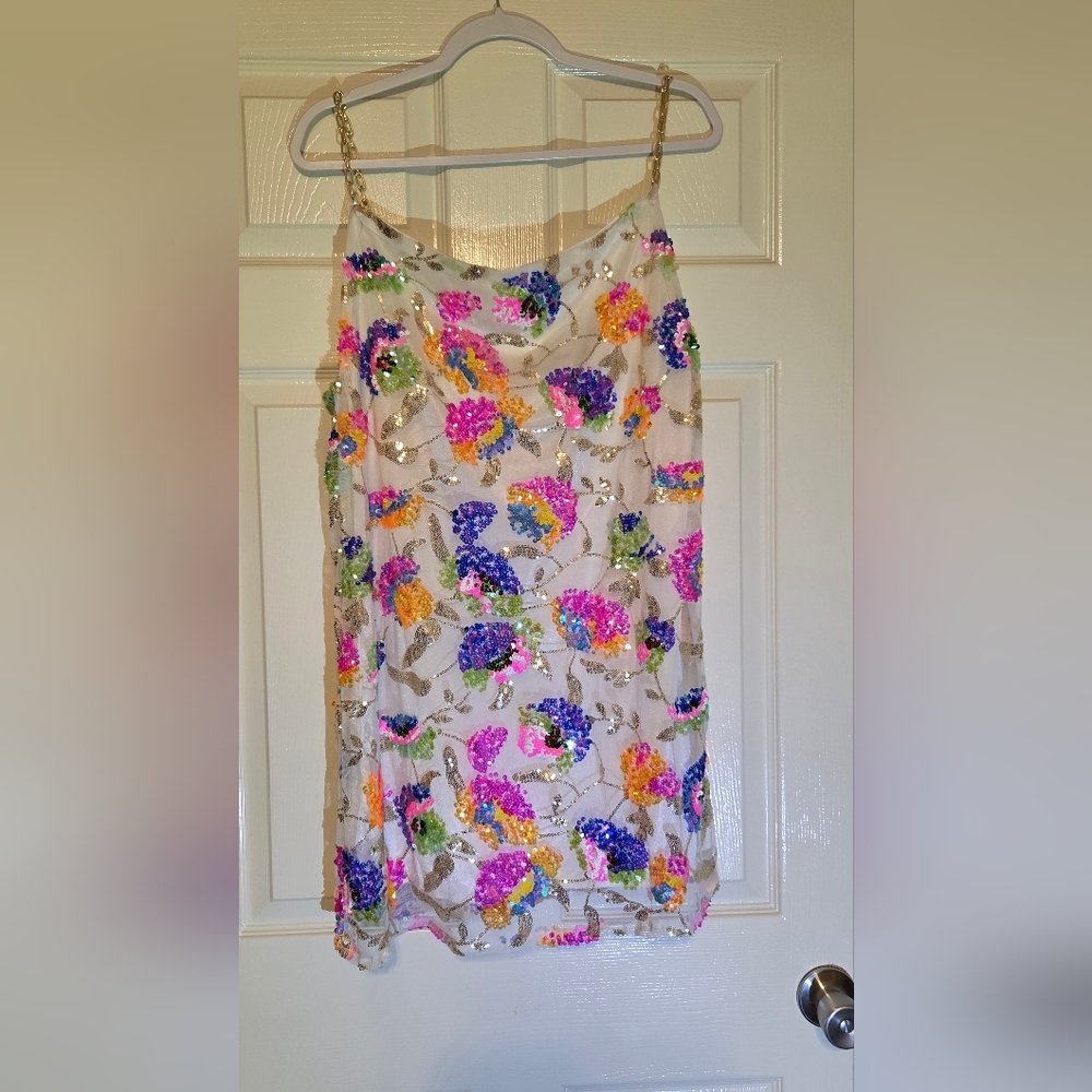 Vibrant Floral Sequin Mini Dress with Chain Straps